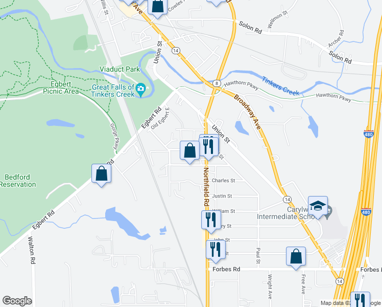map of restaurants, bars, coffee shops, grocery stores, and more near 26 First Avenue in Bedford
