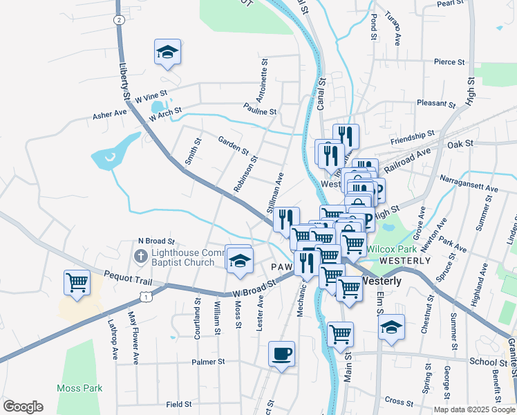 map of restaurants, bars, coffee shops, grocery stores, and more near 59 Liberty Street in Stonington