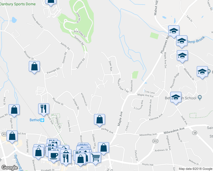 map of restaurants, bars, coffee shops, grocery stores, and more near 38 Idlewood in Bethel