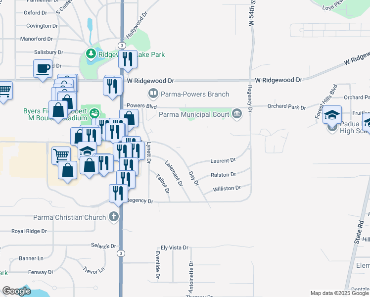 map of restaurants, bars, coffee shops, grocery stores, and more near 6841 Day Drive in Parma