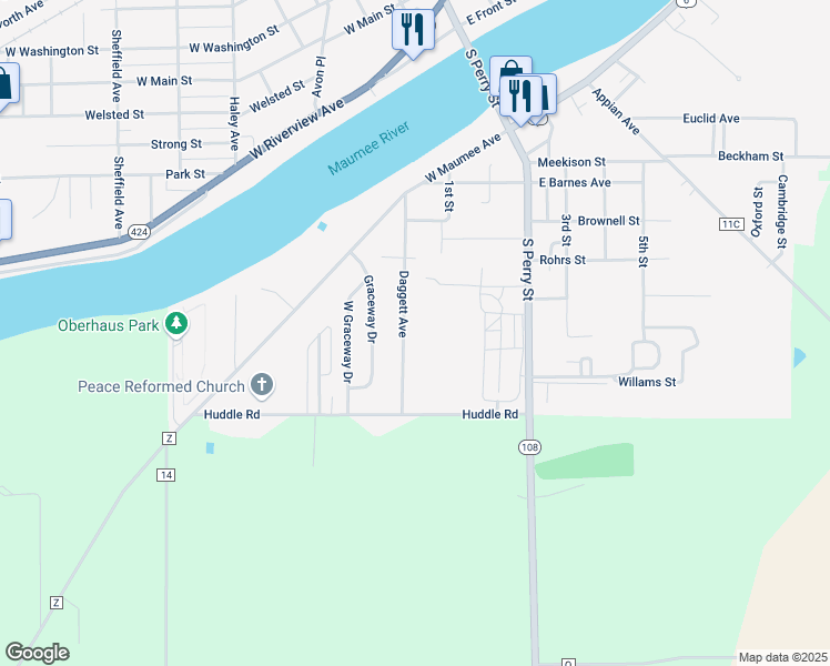 map of restaurants, bars, coffee shops, grocery stores, and more near 860 Daggett Avenue in Napoleon
