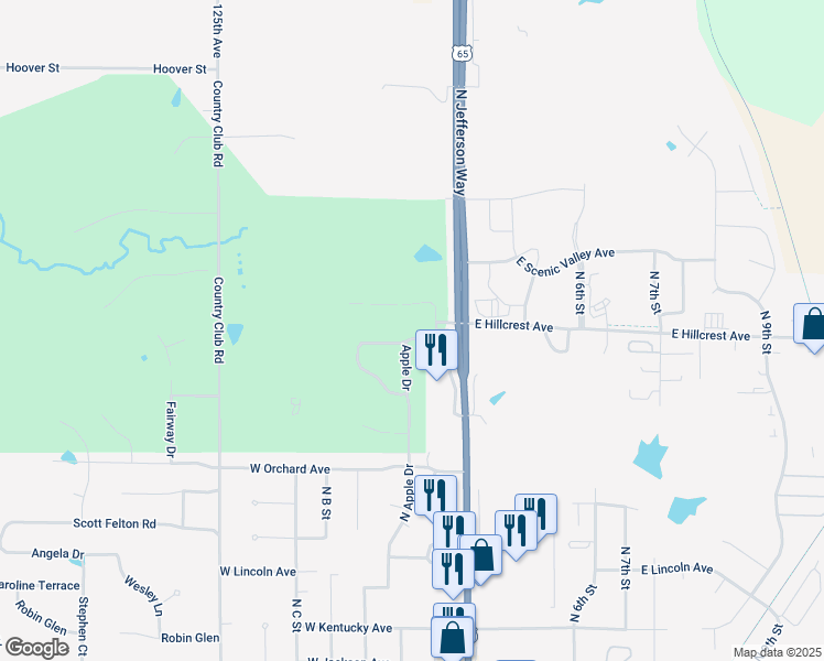 map of restaurants, bars, coffee shops, grocery stores, and more near 117 West Hillcrest Drive in Indianola