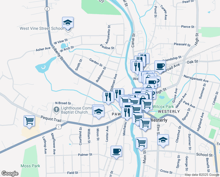 map of restaurants, bars, coffee shops, grocery stores, and more near 6 Stillman Avenue in Stonington
