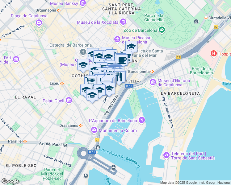 map of restaurants, bars, coffee shops, grocery stores, and more near 9 Passeig de Colom in Barcelona