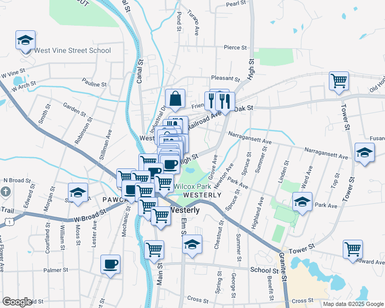map of restaurants, bars, coffee shops, grocery stores, and more near 98 High Street in Westerly