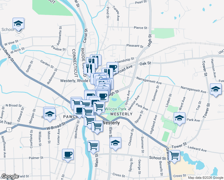 map of restaurants, bars, coffee shops, grocery stores, and more near 4 Alba Inn Road in Westerly