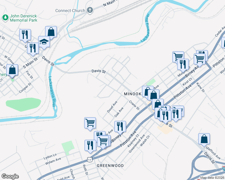 map of restaurants, bars, coffee shops, grocery stores, and more near 3198-3100,3199-3101 Langen Court in Scranton