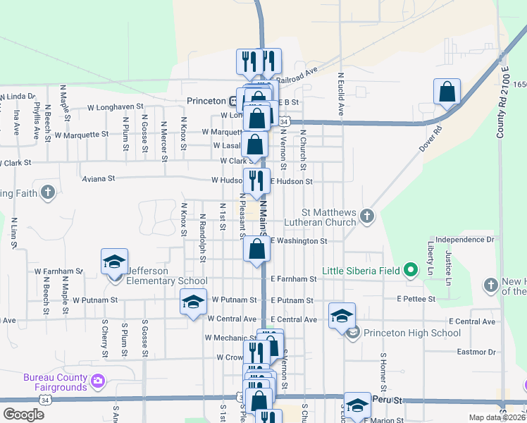 map of restaurants, bars, coffee shops, grocery stores, and more near 525 North Main Street in Princeton