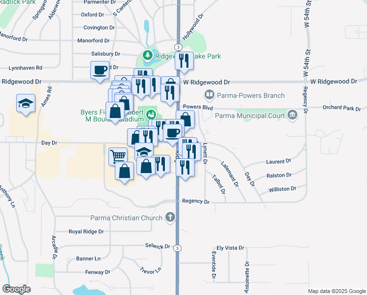 map of restaurants, bars, coffee shops, grocery stores, and more near 6743 Ridge Road in Parma