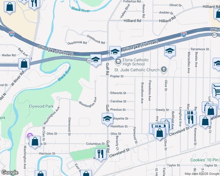 map of restaurants, bars, coffee shops, grocery stores, and more near 160 Elma Drive in Elyria