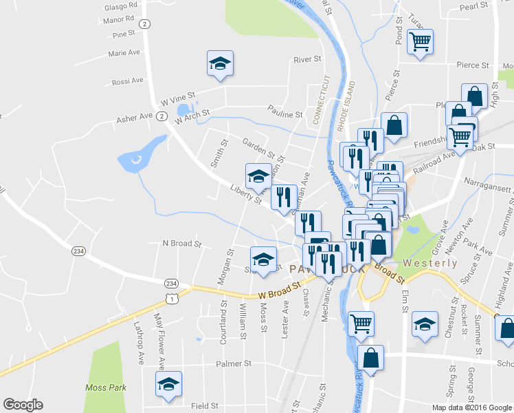 map of restaurants, bars, coffee shops, grocery stores, and more near 64 Liberty Street in Pawcatuck