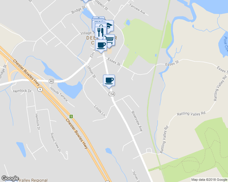 map of restaurants, bars, coffee shops, grocery stores, and more near 251 Main Street in Deep River