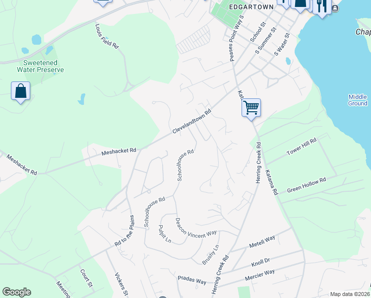 map of restaurants, bars, coffee shops, grocery stores, and more near 82 Clevelandtown Road in Edgartown