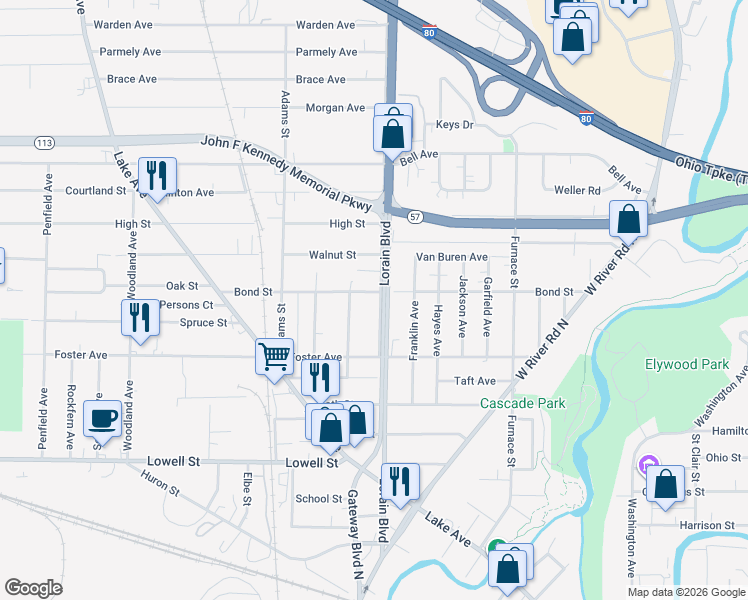 map of restaurants, bars, coffee shops, grocery stores, and more near 446 Lorain Boulevard in Elyria