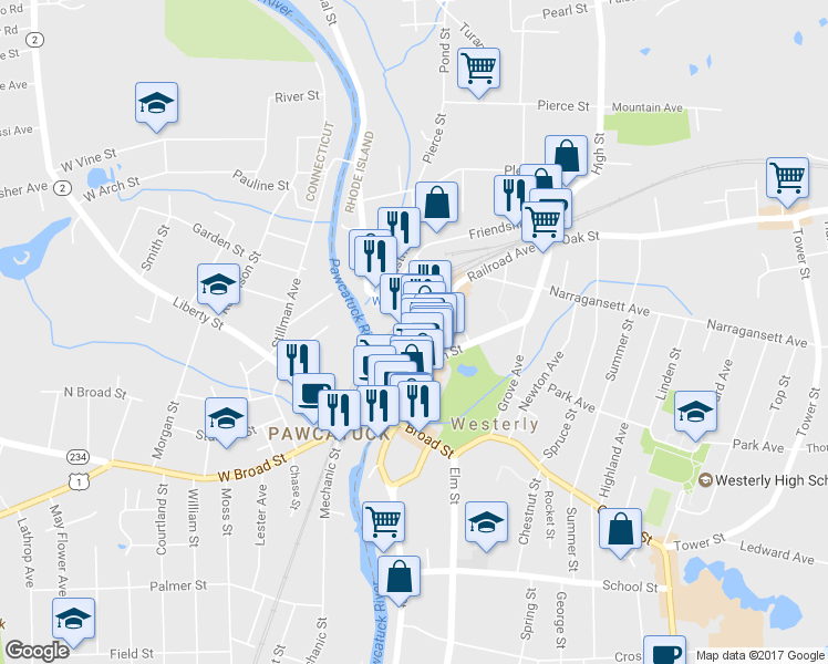 map of restaurants, bars, coffee shops, grocery stores, and more near 10d Canal Street in Westerly