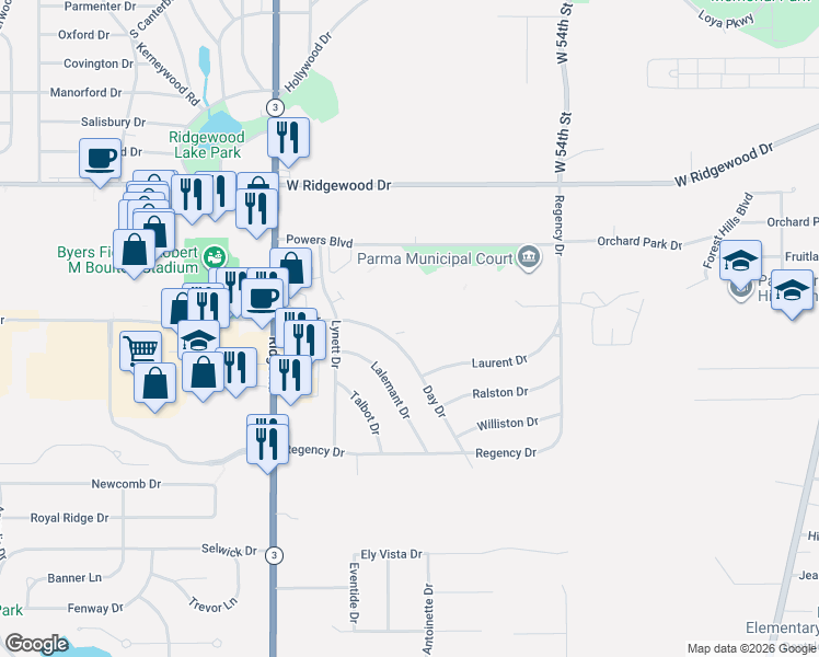 map of restaurants, bars, coffee shops, grocery stores, and more near 6841 Day Drive in Cleveland