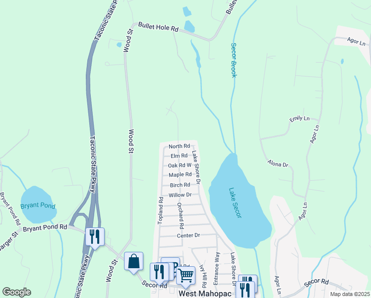 map of restaurants, bars, coffee shops, grocery stores, and more near 297 North Road in Putnam County