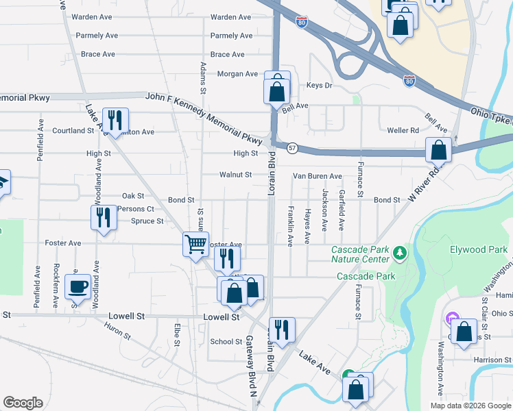 map of restaurants, bars, coffee shops, grocery stores, and more near 446 Lorain Boulevard in Elyria