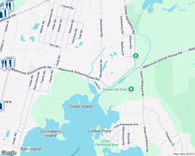 map of restaurants, bars, coffee shops, grocery stores, and more near 1821 Matunuck School House Road in South Kingstown