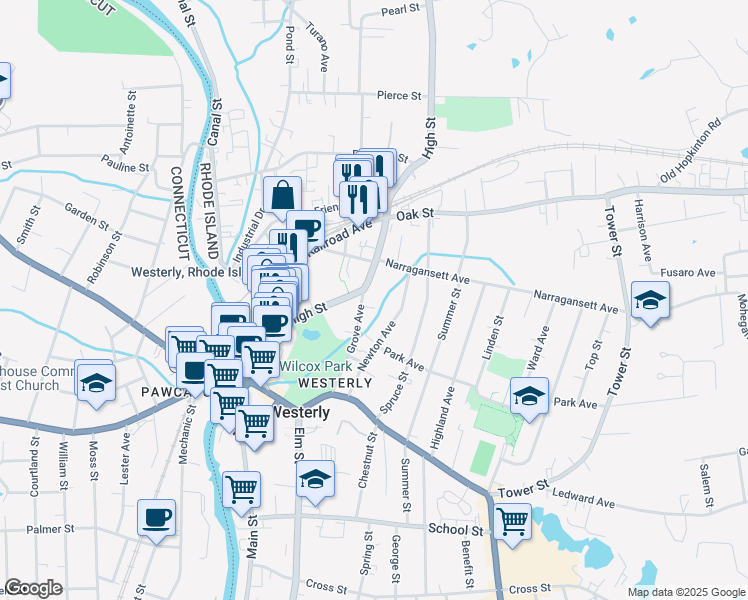 map of restaurants, bars, coffee shops, grocery stores, and more near 45 Grove Avenue in Westerly