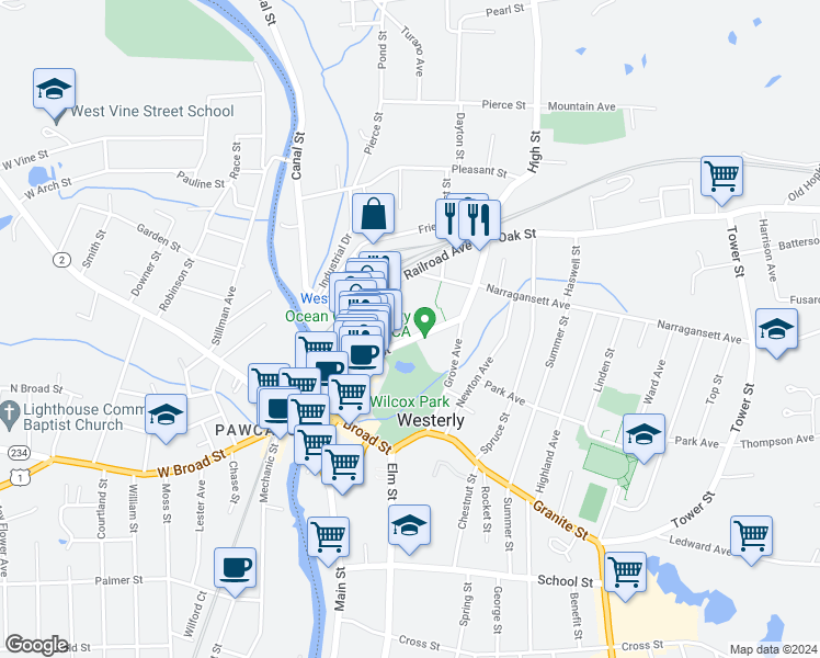map of restaurants, bars, coffee shops, grocery stores, and more near 98 High Street in Westerly