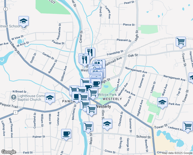 map of restaurants, bars, coffee shops, grocery stores, and more near 10d Canal Street in Westerly