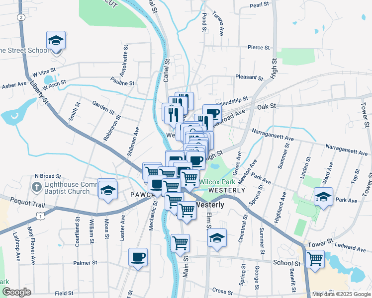 map of restaurants, bars, coffee shops, grocery stores, and more near 10d Canal Street in Westerly