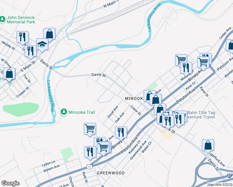 map of restaurants, bars, coffee shops, grocery stores, and more near 3116 Grimes Avenue in Scranton