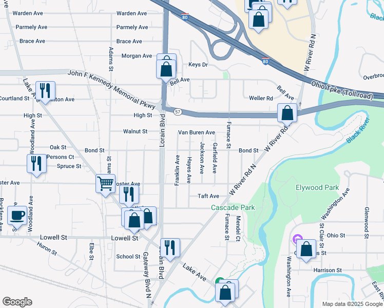 map of restaurants, bars, coffee shops, grocery stores, and more near 366 Bond Street in Elyria