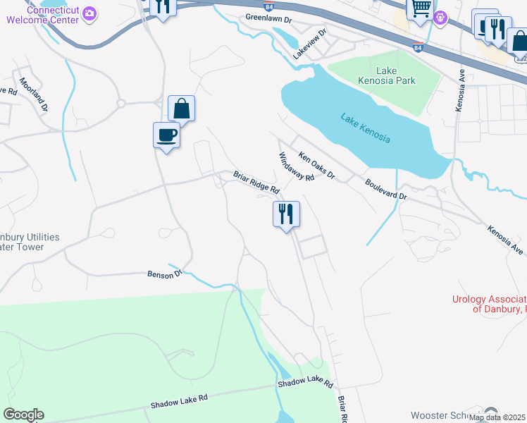 map of restaurants, bars, coffee shops, grocery stores, and more near 20 Enclave Drive in Danbury