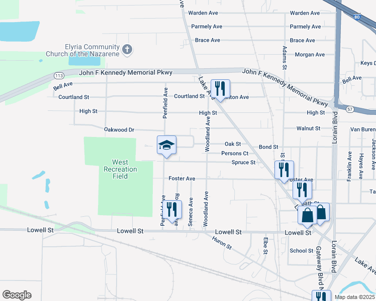 map of restaurants, bars, coffee shops, grocery stores, and more near 838 Oak Street in Elyria