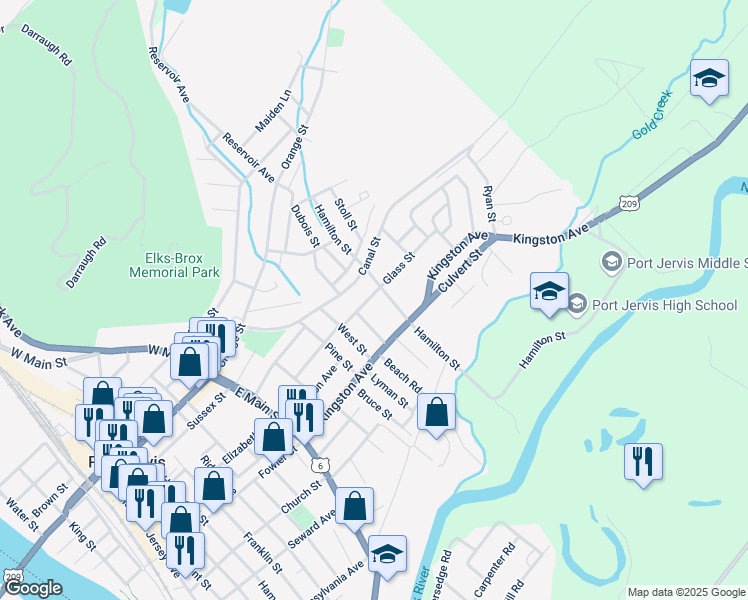 map of restaurants, bars, coffee shops, grocery stores, and more near 26-28 Hamilton Street in Port Jervis