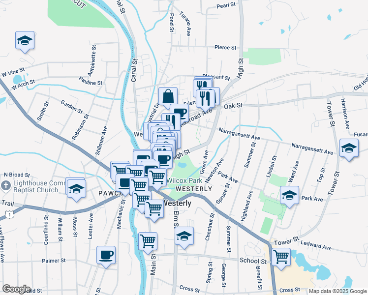 map of restaurants, bars, coffee shops, grocery stores, and more near 98 High Street in Westerly