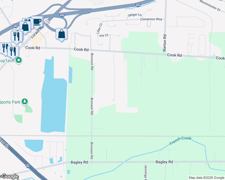 map of restaurants, bars, coffee shops, grocery stores, and more near 7604 Willow Woods Drive in North Olmsted