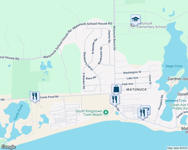 map of restaurants, bars, coffee shops, grocery stores, and more near 100 Blackberry Hill Dr in South Kingstown