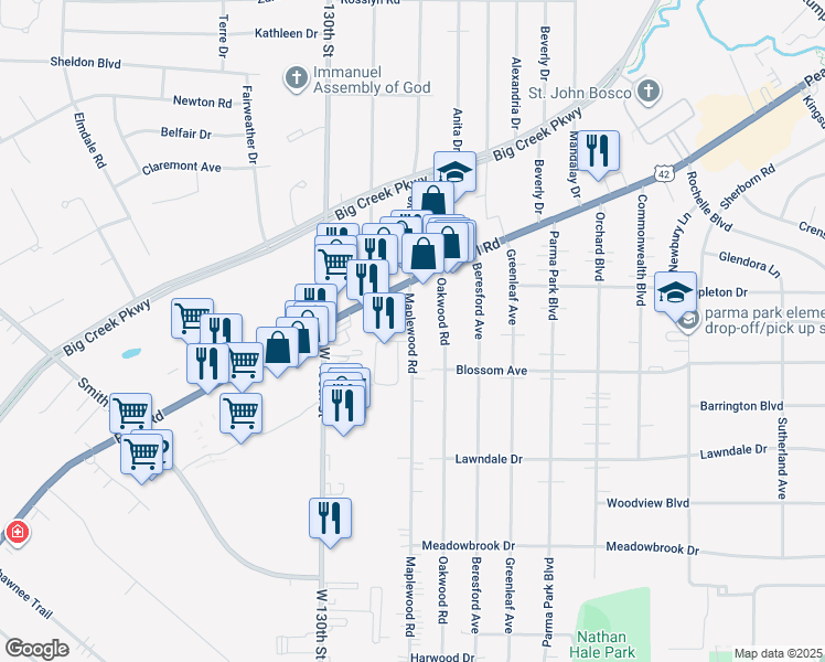 map of restaurants, bars, coffee shops, grocery stores, and more near 6750 Maplewood Road in Parma Heights