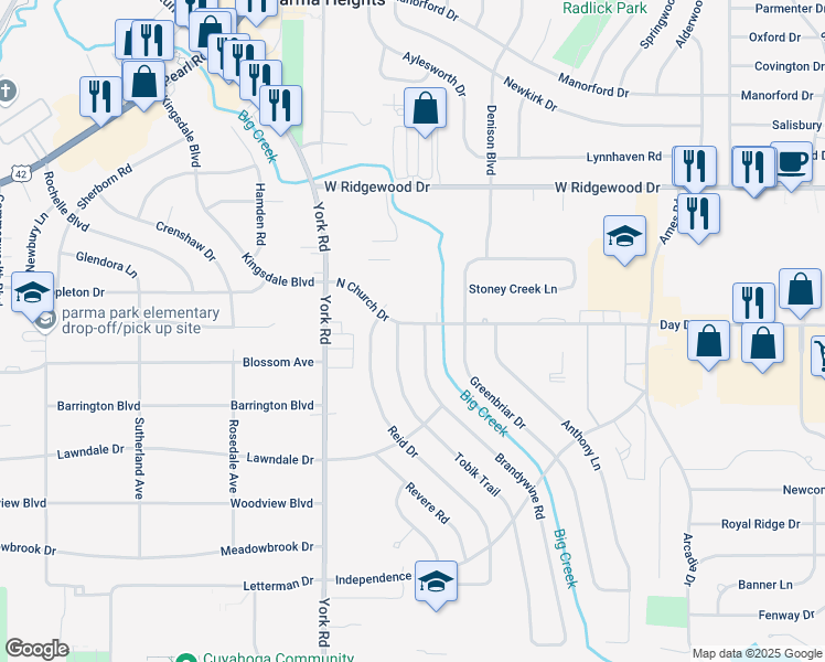 map of restaurants, bars, coffee shops, grocery stores, and more near 10085 North Church Drive in Parma Heights