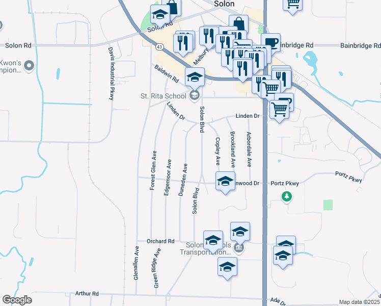 map of restaurants, bars, coffee shops, grocery stores, and more near 6575 Duneden Avenue in Solon
