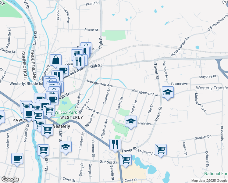 map of restaurants, bars, coffee shops, grocery stores, and more near 58 Highland Avenue in Westerly