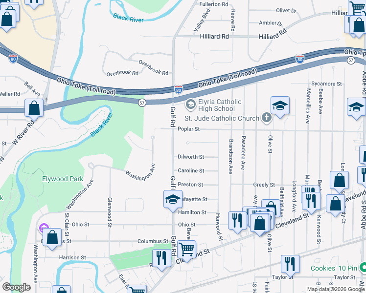 map of restaurants, bars, coffee shops, grocery stores, and more near 160 Elma Drive in Elyria