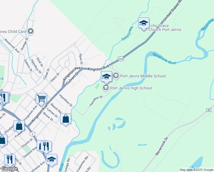 map of restaurants, bars, coffee shops, grocery stores, and more near 10 U.S. 209 in Port Jervis