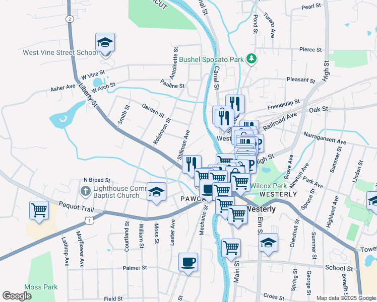 map of restaurants, bars, coffee shops, grocery stores, and more near 5 Walnut St in Stonington