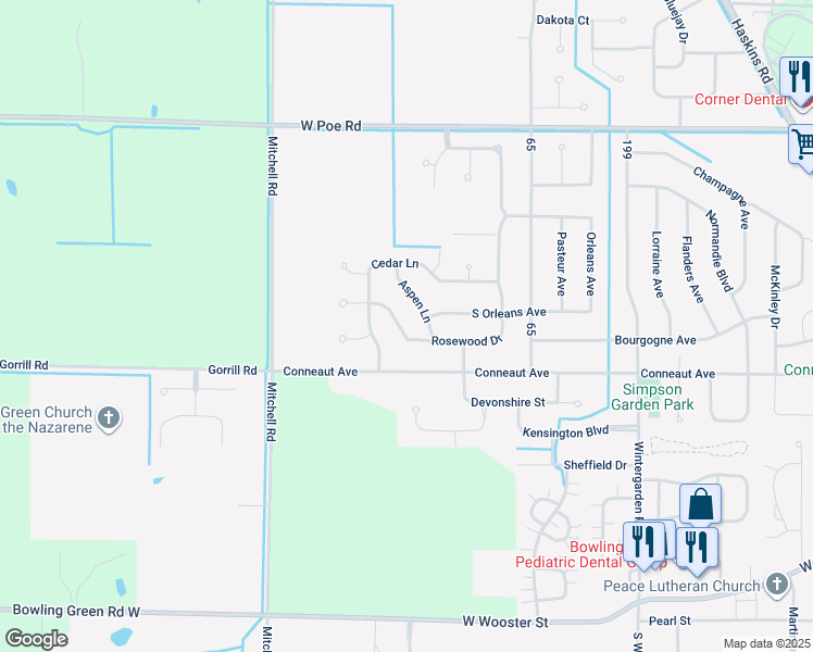 map of restaurants, bars, coffee shops, grocery stores, and more near 1564 Rosewood Drive in Bowling Green