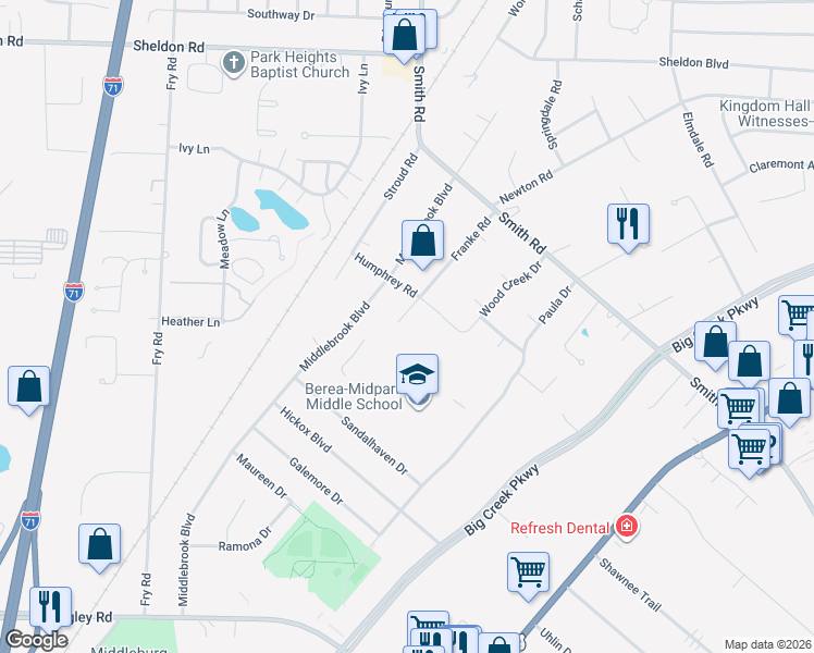 map of restaurants, bars, coffee shops, grocery stores, and more near 6875 Franke Rd in Middleburg Heights