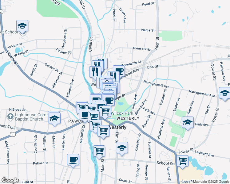 map of restaurants, bars, coffee shops, grocery stores, and more near 4 Alba Inn Road in Westerly