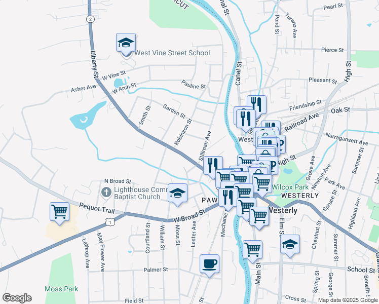 map of restaurants, bars, coffee shops, grocery stores, and more near 59 Liberty Street in Pawcatuck