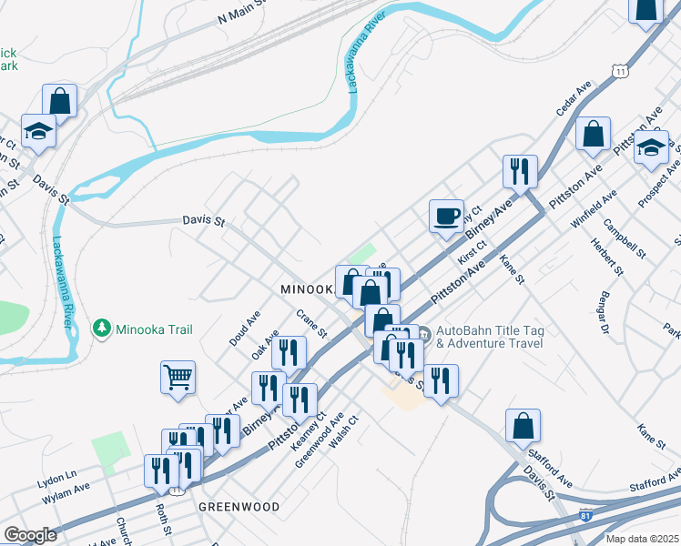 map of restaurants, bars, coffee shops, grocery stores, and more near 3013 Colliery Avenue in Scranton