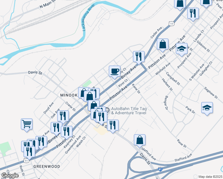 map of restaurants, bars, coffee shops, grocery stores, and more near 2809 Birney Avenue in Scranton
