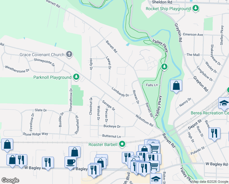 map of restaurants, bars, coffee shops, grocery stores, and more near 350 Lombardy Drive in Berea