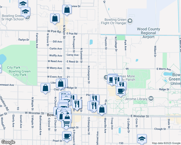 map of restaurants, bars, coffee shops, grocery stores, and more near 514 North Enterprise Street in Bowling Green